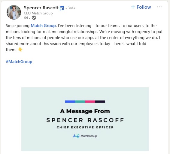 Screenshot of quote from Match Group CEO on LinkedIn
