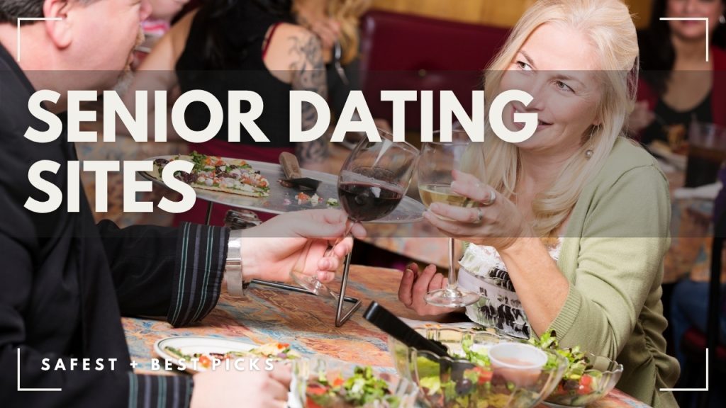 Senior couple having dinner with the words senior dating sites